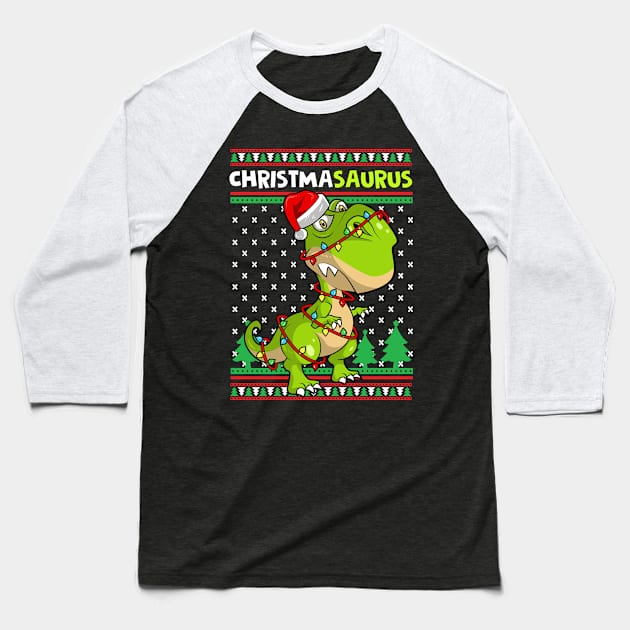 Christmasaurus Christmas Dinosaur Baseball T-Shirt by Rengaw Designs